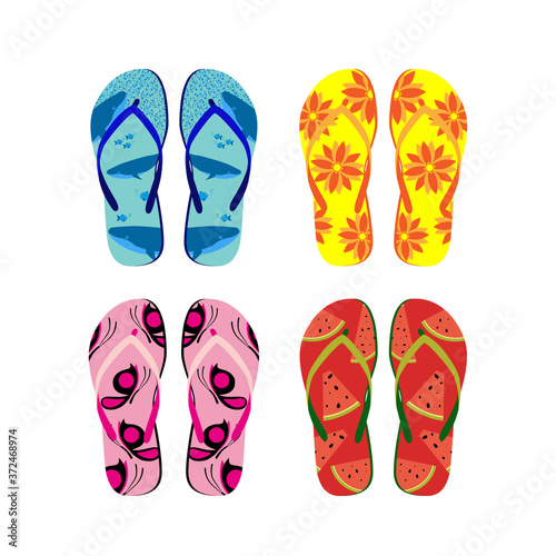 Vector set with stylish and colorful summer flip flops photo