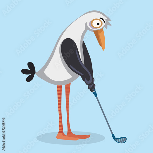 Сute seagull plays golf, character illustration