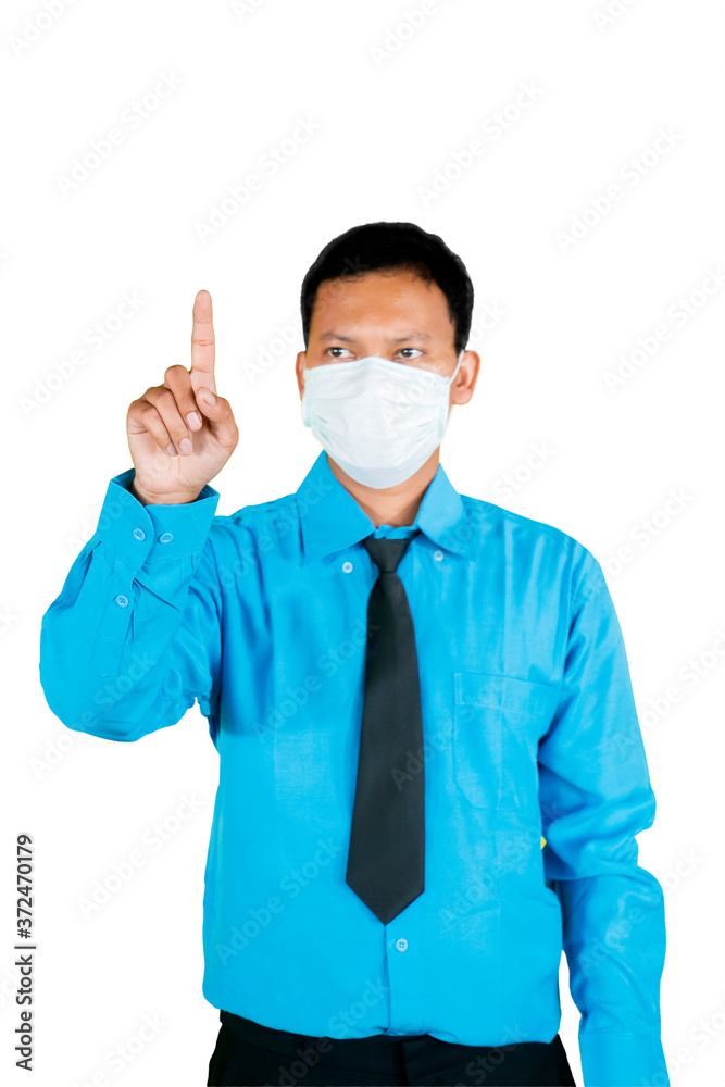 Businessman wear mask while touching on screen Businessman wear mask while touching on screen