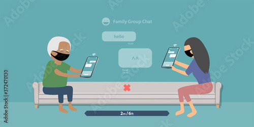 young person teaches the elder to chat with other people via smartphone. during COVID-19 situation, they wear face masks and practice social distancing to stop the pandemic, smart technology concept.