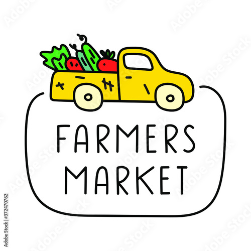 Hand drawn badge - Farmers market. Illustration on white background.