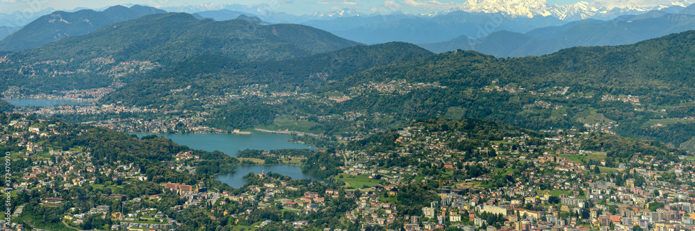 Aerial view of Lugano and Malcantone valley in Switzerland
