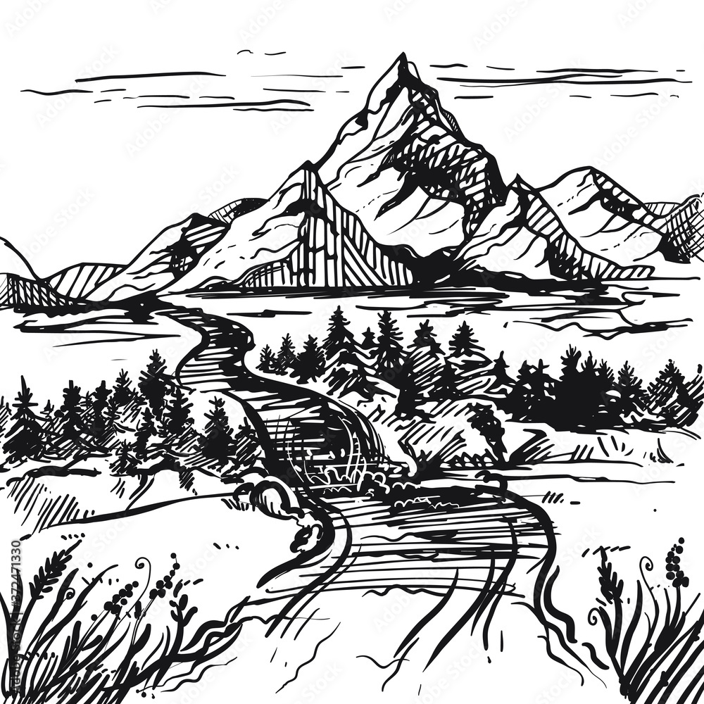 Hand drawn sketch black and white of mountains. Vector illustration. Elements in graphic style label, card, sticker, menu, package.