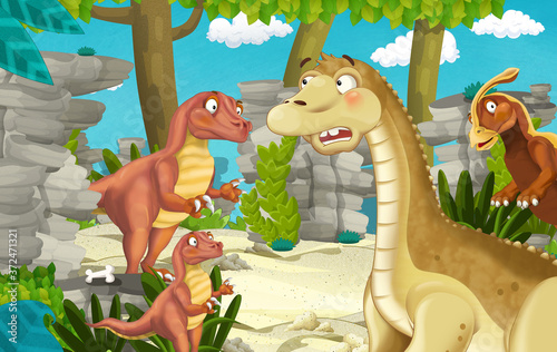 cartoon scene with dinosaur apatosaurus diplodocus with some other dinosaur in the jungle - illustration for children © honeyflavour