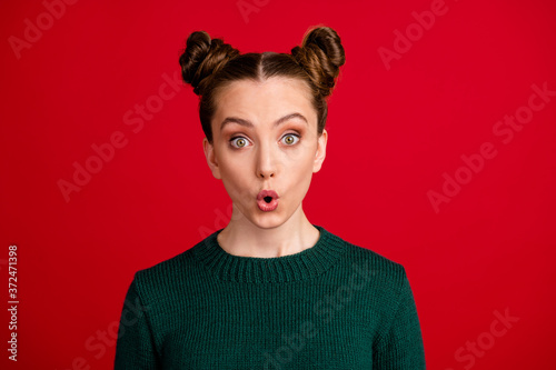 Close-up portrait of her she nice attractive pretty amazed funky stunned girl sale discount reaction incredible news isolated over bright vivid shine vibrant red color background