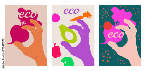 Hand showing okey gesture and vegetables. Simple cartoon modern vector illustration for web and print with avocado and beetroot. Variety of modern hand-drawn hand. Isolated Trendy hand icons. 