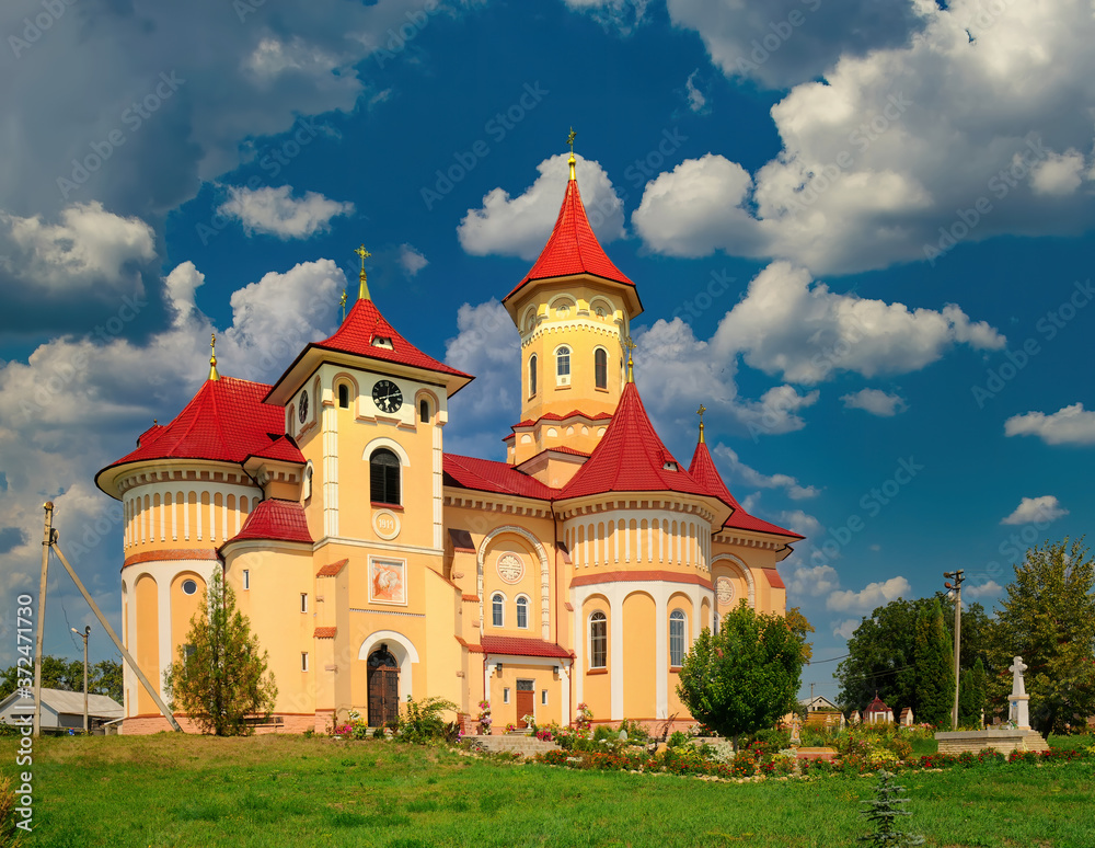 Picturesque view of New Church of Elijah built in 1914 in Moldavian-Byzantine style, Toporivtsi, Bukovina, Ukraine
