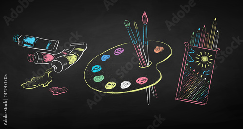 Chalk drawn illustration set of artists supplies