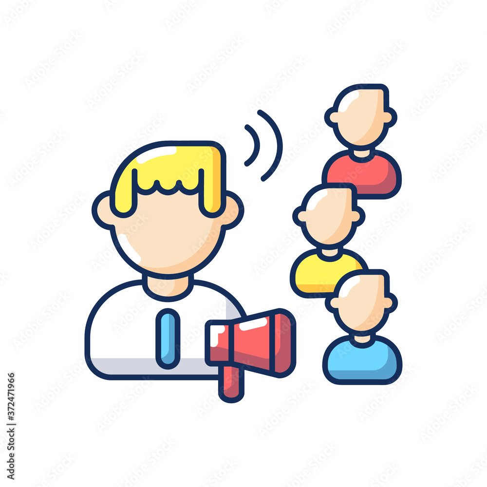 Influencing skills RGB color icon. Public announcement, customer attraction, marketing campaign. Influencer with megaphone and followers isolated vector illustration