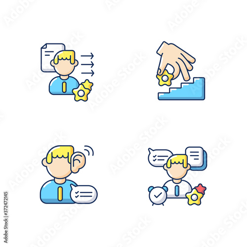 Professional skills development RGB color icons set. Self organization, listening, coaching, brevity and clarity. Personal growth. Isolated vector illustrations