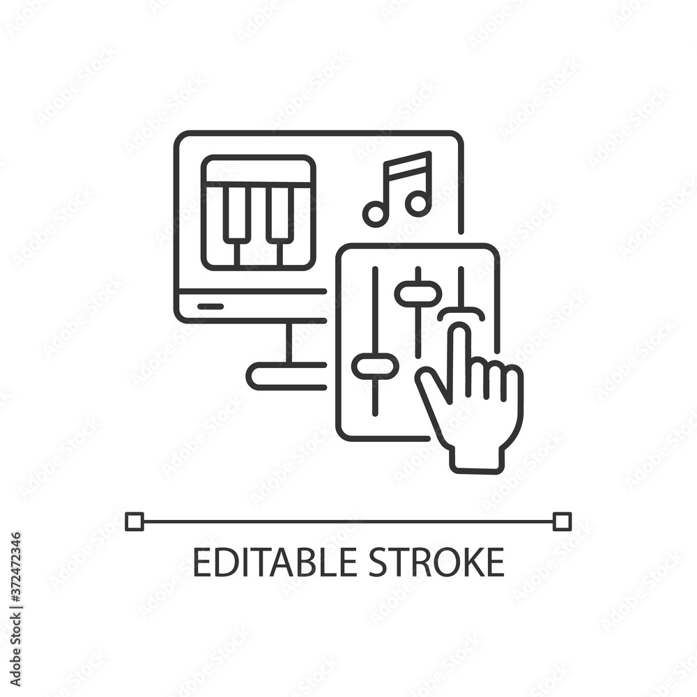 DIY music linear icon. Professional composer. Computer software for musical arrangement. Thin line customizable illustration. Contour symbol. Vector isolated outline drawing. Editable stroke DIY music linear icon. Professional composer. Computer software for musical arrangement. Thin line customizable illustration. Contour symbol. Vector isolated outline drawing. Editable stroke