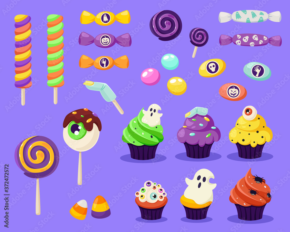 Fototapeta premium Happy Halloween. Set of creepy sweets and candies. Vector illustration in flat style.