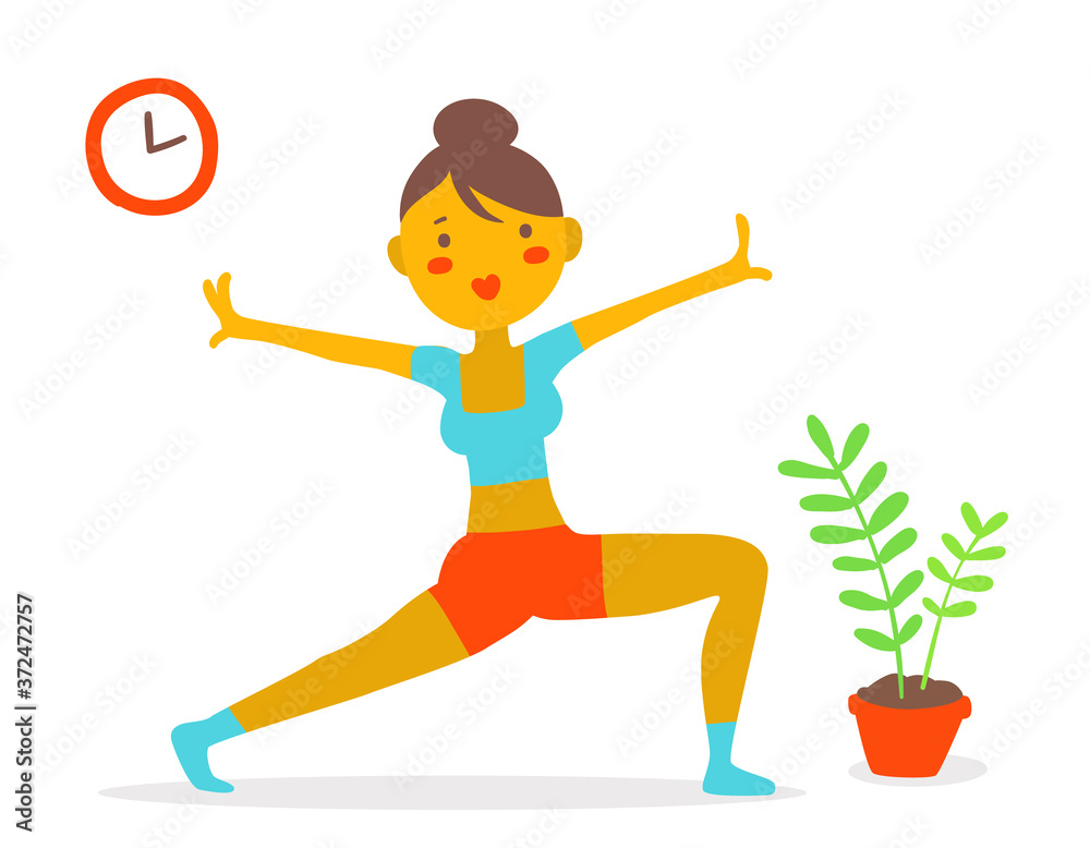 Vector illustration of a beautiful fitness girl with flower and clock on white background. Girl doing a breathing exercise. Vector illustration of a beautiful fitness girl with flower and clock on white background. Girl doing a breathing exercise.
