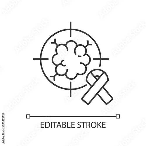 Oncology department linear icon. Cancer treatment center. Radiology cancer. Radiation therapy. Thin line customizable illustration. Contour symbol. Vector isolated outline drawing. Editable stroke