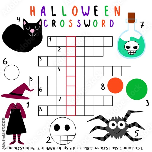 Halloween crossword for kids vector. Funny educational english words game with keyword skeleton. Halloween crossword with black cat, costume, skull, spider, potion, orange, green and  white colors.