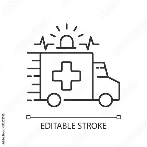 Emergency linear icon. Ambulance. Emergency response. Accident department. Medical vehicle. Thin line customizable illustration. Contour symbol. Vector isolated outline drawing. Editable stroke