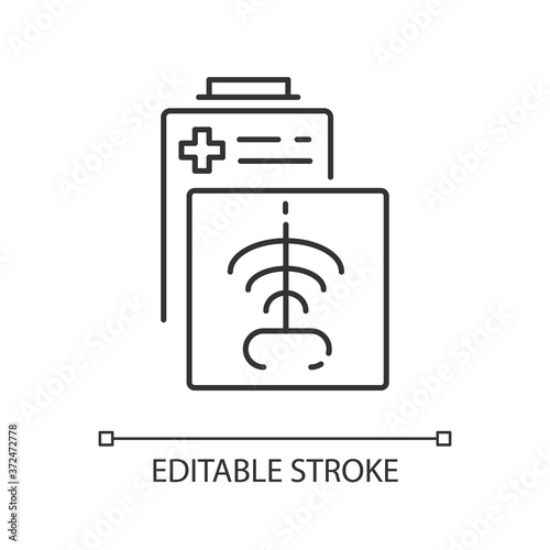 Radiology department linear icon. Radiation medicine. Radiologic technologist. CT scan. X rays. Thin line customizable illustration. Contour symbol. Vector isolated outline drawing. Editable stroke