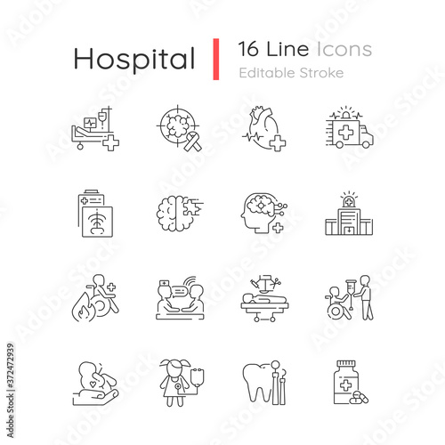 Hospital linear icons set. Walk in clinic. Radiology and cardiology department. ICU. Hospital ward. Customizable thin line contour symbols. Isolated vector outline illustrations. Editable stroke