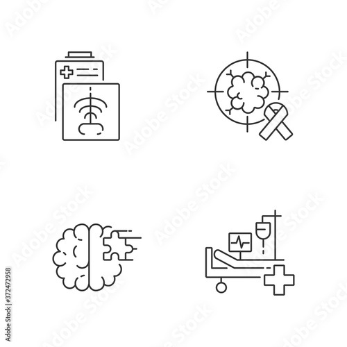 Health care services linear icons set. CT scan. Intensive care unit. Cancer treatment center. Xrays radiography. Asylum. Customizable thin line contour symbols. Isolated vector outline illustrations