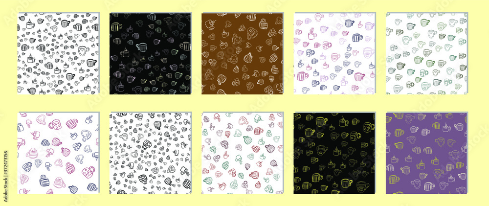 Set of vector seamless patterns with coffee and tea cups Set of vector seamless patterns with coffee and tea cups
