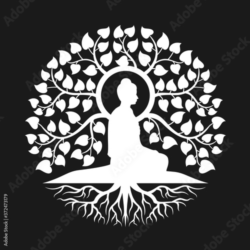 White side view Buddha Meditation under bodhi tree with leaf and root abstract circle style vector design