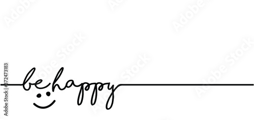 Slogan Be happy. Vector design, inspiration message moment. Motivation with happy smile. Hand drawn word for possitive emotions quotes for banner or wallpaper. Relaxing and chill.