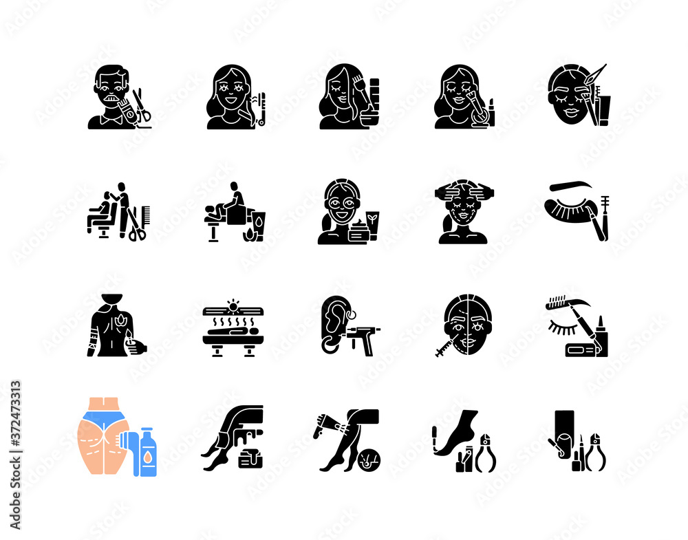 Beauty salon black glyph icons set on white space. Anti cellulite ...
