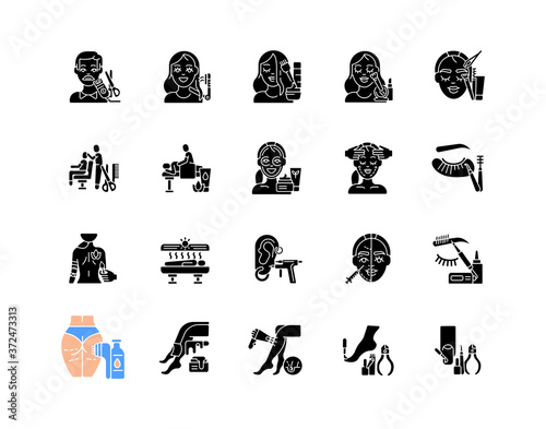 Beauty salon black glyph icons set on white space. Anti cellulite program. Lash making. Face fitness. Hair styling and cutting. Beauty procedures. Silhouette symbols. Vector isolated illustration