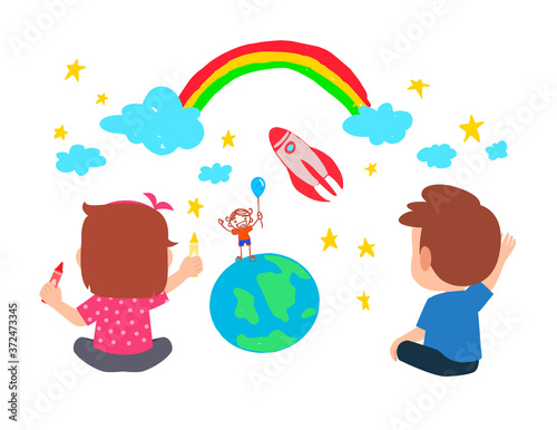 happy cute little kid boy and girl draw with paint on wall together