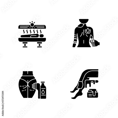 Body care black glyph icons set on white space. Tanning. Body painting. Laser hair removal. Waxing. Solarium machine. Body art. Sugaring. Silhouette symbols. Vector isolated illustration