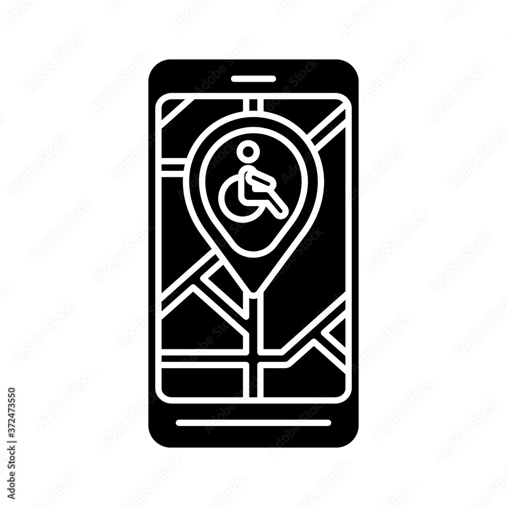 City navigation app black glyph icon. City map app for wheelchair users. Navigation in public places. Wheelchair accessible routes. Silhouette symbol on white space. Vector isolated illustration City navigation app black glyph icon. City map app for wheelchair users. Navigation in public places. Wheelchair accessible routes. Silhouette symbol on white space. Vector isolated illustration