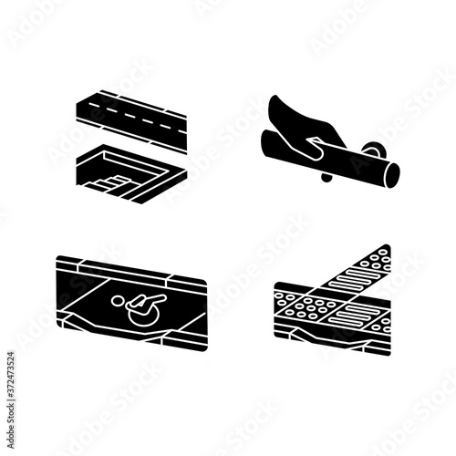 Disabled pedestrian facilities black glyph icons set on white space. Safe pedestrian crosswalk. Modern wall mounted handrails. Tenji blocks. Silhouette symbols. Vector isolated illustration