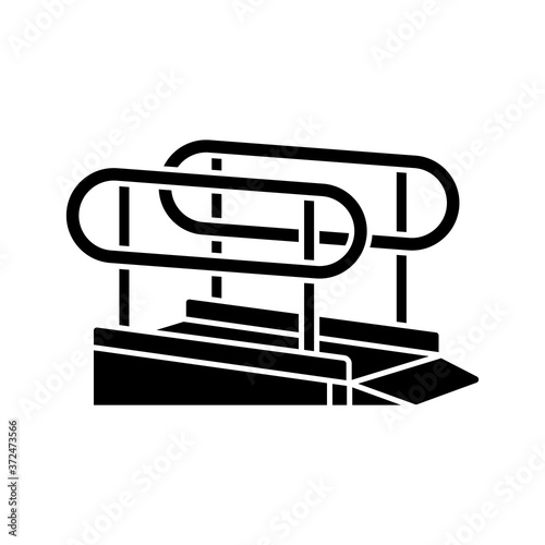 Wheelchair ramp black glyph icon. Outdoor inclined plane. Wheelchair users accessibility. Disabled persons. City infrastructure. Silhouette symbol on white space. Vector isolated illustration