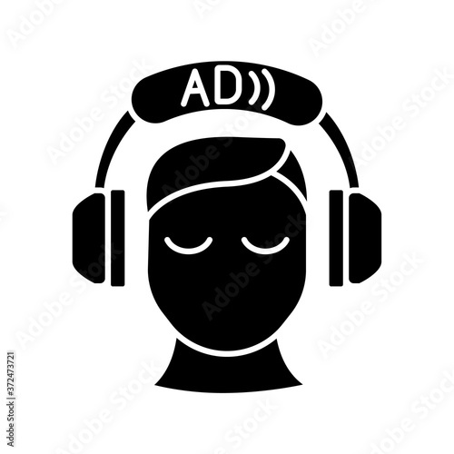 Audio description black glyph icon. Video description. Narration. Providing additional information. Audio described TV programmes. Silhouette symbol on white space. Vector isolated illustration