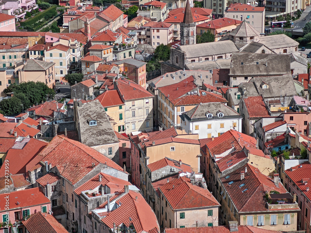 Ligurian buildings of Finalborgo seen by drone