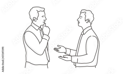 Businessmen sharing startup ideas. Line drawing vector illustration.