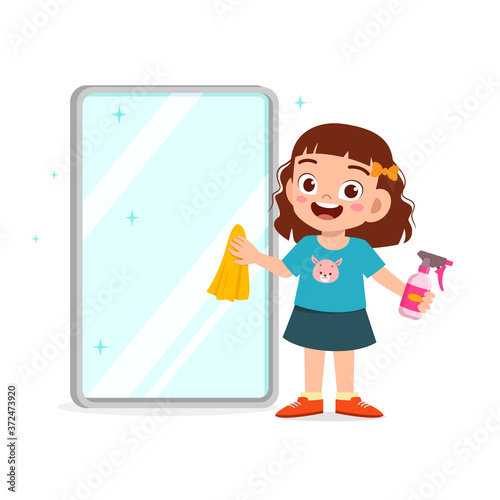 happy cute little kid boy and girl do chores cleaning mirror