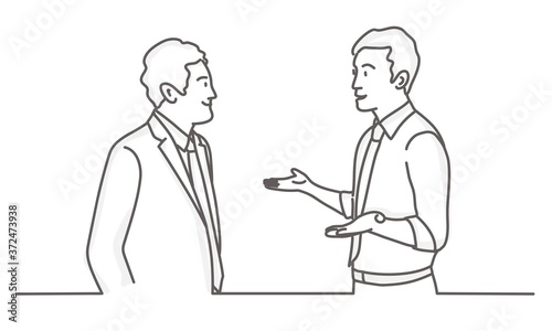 Two men talking. Business partners negotiations. Line drawing vector illustration.