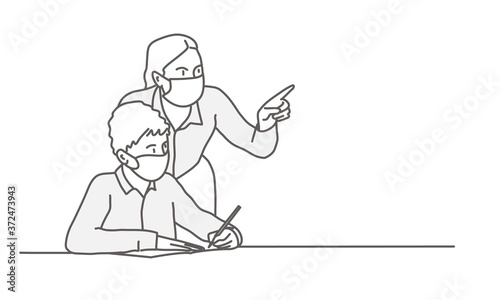 Mother and son in face masks. Teacher pointing the direction. Boy writes. Line drawing vector illustration.