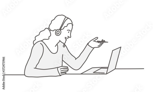 Young business woman in headphones, online conference, video call, meeting for discussion on laptop computer. Work from home concept. Line drawing vector illustration.