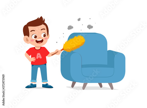 happy cute little kid boy and girl do chores cleaning chair