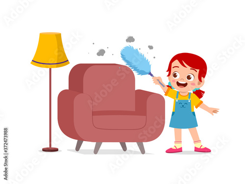 happy cute little kid boy and girl do chores cleaning chair