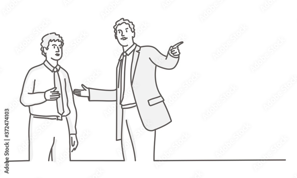 Businessman point finger at something. Two men talking to each other. Line drawing vector illustration. Businessman point finger at something. Two men talking to each other. Line drawing vector illustration.