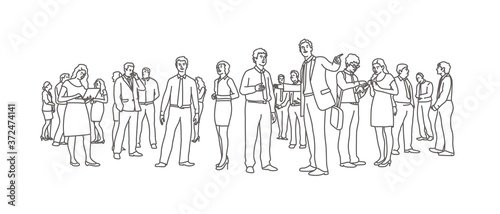 Crowd of business people. Line drawing vector illustration.