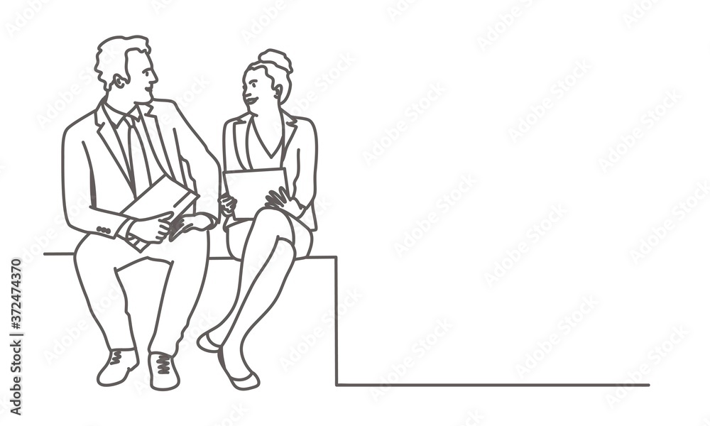 Man and woman sitting on a cube together. Business partners discussing work. Line drawing vector illustration.