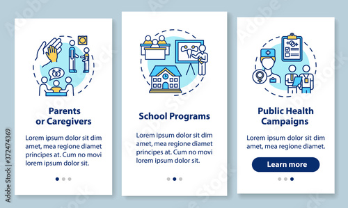 School program on sex ed onboarding mobile app page screen with concepts. Public health campaign walkthrough 3 steps graphic instructions. UI vector template with RGB color illustrations