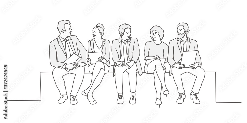 Group of business people sitting in a line. Line drawing vector illustration.