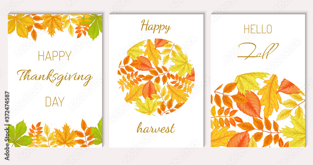 Vector autumn card template collection with yellow and red leaves. Oak, maple, rowan, horse chestnut