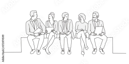 Group of business people sitting in a line. Line drawing vector illustration.
