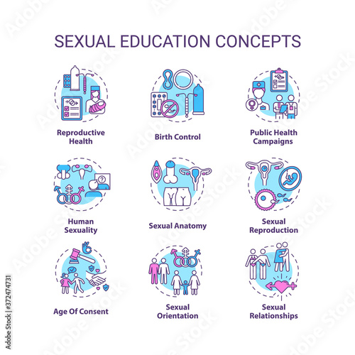 Sexual education concept icons set. Human sexuality awareness idea thin line RGB color illustrations. Anatomy and reproductive health teaching. Vector isolated outline drawings. Editable stroke